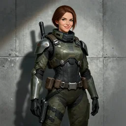 a smiling soldier in futuristic gear, she is standing in front of a concrete wall, scifi art, dramatic lighting, illustration by Greg rutkowski, yoji shinkawa, 4k, digital art, concept art, trending on artstation
