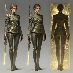 a digital concept ar by artgerm and greg rutkowski and alphonse mucha. three - view drawing full body!! t pose!! clear portrait of a lonely attractive creature in uniform!! future military, sci - fi weapon, light effect. hyper detailed, character concept, glowing lights!! intricate, elegant, digital painting, artstation, smooth, sharp focus