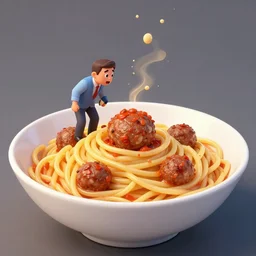 a tiny business man vomiting meatballs in a huge bowl of spaghetti, artstation, detailed digital art