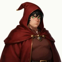 portrait, 25 years old :: overweight fantasy mage :: ugly, green eyes, short black hair :: wearing a red brown robe, pointed hat :: high detail, digital art, RPG, concept art, illustration