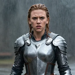 scarlett johansson with angry expression wearing wet armour in pouring rain. full body pose, dramatic lighting, afro samurai anime style, pencil and ink manga drawing,