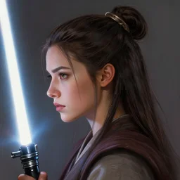 head and shoulders profile portrait beautiful woman, light saber, jedi, art by artgerm and greg rutkowski and magali villeneuve, portrait, d & d, fantasy, highly detailed, digital painting, trending on artstation, concept art, sharp focus, illustration, detailed hairstyle