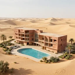 architectural rendering of biophilia brutalism building in the desert, pool, garden