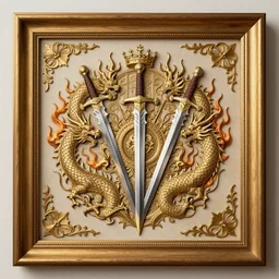 a coherent illustration fantasy wood frame engraving with elegant details, golden border detail ornaments art by fantasy style, centered, facing shot, swords, crowns, dragons!! and flames, symmetry, elegant, masterpiece