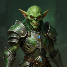 a mind - blowing portrait of a goblin chieftain, wearing a skeleton armor, green, deep focus, d & d, fantasy, intricate, elegant, badass, highly detailed, digital painting, artstation, concept art, matte, sharp, illustration, hearthstone, art by artgerm and greg rutkowski and alphonse mucha