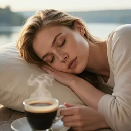 close - up portrait of sleepy mila kunis, morning golden hour, steaming coffee, mystical lake view vista, anton fadeev, paul lehr, rhads, alena aenami