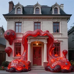 surreal gigantic sculptural blobs of lava coming out in smooth bulbous shapes from the front door and lower windows of an elegant three-storey 19th-century house, installation art by Max Ernst and René Magritte reimagined by industrial light and magic