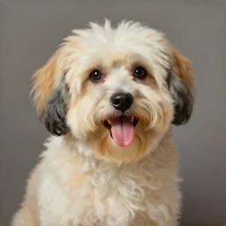 an old painting of a sichon dog with short hair, happy with their tongue out