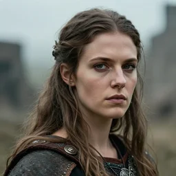 head and shoulders portrait of a barbarian, female, by wlop