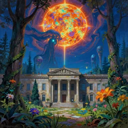 a beautiful very detailed painting of nature abandoned urbex athenaeum by jean - baptiste - camille corot, laser alien solar wind thermal imaging apocalyptic anime atlantis tundra assassin's creed thermal vision forest rainforest flowers, archdaily, wallpaper, highly detailed, trending on artstation.