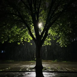 a tree on a rainy night