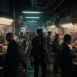 cyberpunk black indian market, indoor in the style of blade runner, low neon lights and dim displays, crowded with cyborgs photorealistic, artistic photography, grainy ruined film, dark color scheme, ray tracing, unreal engine, 4 k
