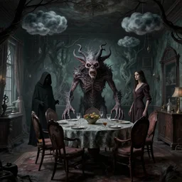 a strange creature in dining room, haunted house, rhads!, strange trees and clouds, a hooded figure, a fierce woman, ( h. r. giger )