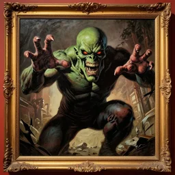 a monster reaching through a framed painting, by richard corben. pulp horror