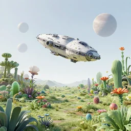 a spaceship on a wild landscape, full of alien plants and flowers, on a alien planet, from a space themed lucasarts point and click 2 d graphic adventure game, art inspired by thomas kinkade