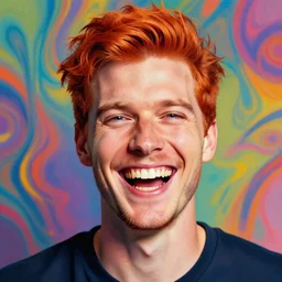 a portrait of a laughing man with ginger hair, by ross tran, psychedelic