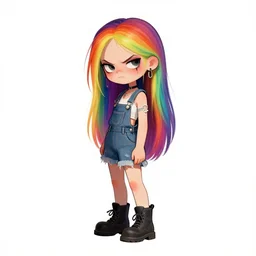 a cute grungy alternative artist woman with rainbow hair, drunk, angry, soft eyes and narrow chin, dainty figure, long hair straight down, torn overalls, short shorts, combat boots, basic white background, side boob, symmetrical, single person, style of by Jordan Grimmer and greg rutkowski, crisp lines and color,