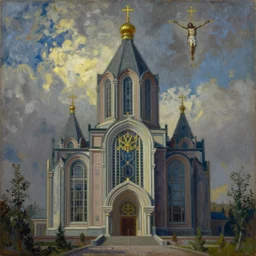 an eastern european cyberpunk art deco orthodox christian monument to jesus christ by greg rutkowski and claude monet, oil on canvas.