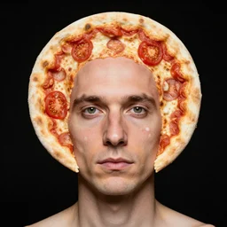 portrait of man with a rare deformational condition making the head flat and circular like a pizza, head looks exactly like a pizza, doughy skin with white pores, blemishes look like tomatoes, soft lighting, sharp focus, highly symmetrical, head and shoulders portrait, black background, masterpiece by eric lafforgue
