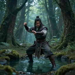 young warrior making a ritual in a magical forest, pond