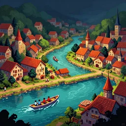 nice little town with a river passing through and boats transporting people gameplay still frame, 4 colors, pixel art, retro, splash screen, level design, high contrast, background, deep focus, highly detailed, dramatic lighting, digital painting, artstation, concept art, matte, greg rutkowski, moebius, illustration.