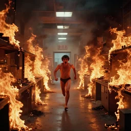 a real photo, filmic wide shot photograph of a laboratory on fire with black smoke and fire everywhere help us scary fire on walls and floor flames boom john carpenters horror film the thing film a nudist man with invisible swimsuit running down the hall corridor yelling 1 9 8 2