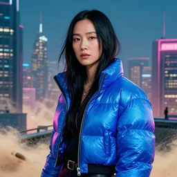 jamie chung altered carbon 2 0 1 8 blade runner movie still look at the cityscape from roof matrix perfect face fine realistic face pretty face neon puffy jacket blue unicorn futuristic sci - fi elegant by denis villeneuve tom anders zorn hans dragan bibin thoma greg rutkowski ismail inceoglu illustrated sand storm alphonse mucha