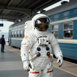 a beautiful photo of an astronaut!, waiting in a train station, 1970', soft light, morning light, photorealistic, realistic, octane, 8k, cinematic shot