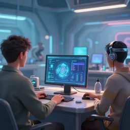 a scene where the research has ended and software services are being served prior to individuals, ultra detailed, complementary colors, soft glow by nixeu and guweiz weta, sleek curves, intricate sharp focus, trending on artstation hq, deviantart, pinterest, unreal engine 5,