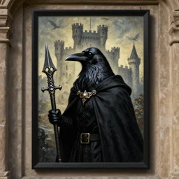 portrait of a raven in a vantablack cloak and holding a symbolic weapon. portrait hung up in a windows 9 8 castle. r / oldschoolfantasy