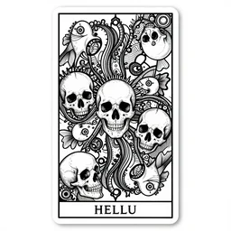 a beautiful fractal tarot card featuring bold occult imagery with clean lines. skulls. punk. dimension. haeckel fish and sea creatures. detailed adult coloring book