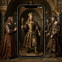an iphone in a medieval painting by hieronymus bosch, hypermaximalistic, high details, cinematic, 8k resolution, beautiful detailed, insanely intricate details, artstation trending, octane render, unreal engine,
