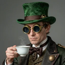 a man with a green hat and brass goggles holding a white porcelain tea cup, a character portrait by michael komarck, michael kutsche, tim burton, featured on cgsociety, fantasy art, behance hd, steampunk