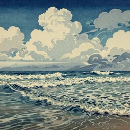 clouds and waves, An aesthetically pleasing, dynamic, energetic, lively, complex, intricate, detailed, well-designed digital art of a beach, ripples, waves, sea foam, light and shadow, overlaid with aizome patterns, Shin-hanga by Bob Ross, traditional Japanese colors, superior quality, masterpiece, featured, trending, award winning, HDR, HD, UHD, 4K, 8K, anamorphic widescreen, cinematic, sharp focus