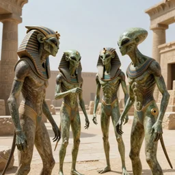 aliens interacting with ancient egyptians, photorealistic, sharp focus