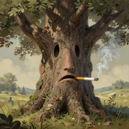 matt painting of an old tree that has two eyes and a nose, open mouth, it's smoking a cigarette, in high detail, fantasy illustration, trending on artstation