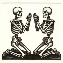 two praying skeletons kneeling facing each other arms raised, wood cut print, 2 d, linocut