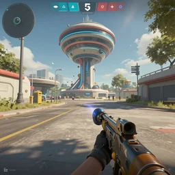 screenshot of a first person shooter game on unreal engine 5, ohio, photorealistic, retrofuturism, concept art, trending on artstation