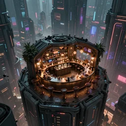 an intricate concept art of a party bar on top of a building inside a megastructure city overviewing destroyed city, cyberpunk neon light district, sci-fi, cinematic lighting, hyper realistic, art by dylan cole, detailed matte painting, digital art,  sci-fi film color palette
