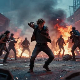 a photo of a man dancing while riots go on behind him, by weta digital, by weta fx, by wlop, cinematic, dramatic, intentional camera movement, ektachrome, perspective, colorful, post - production, vfx, insanely detailed and intricate, clods