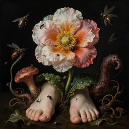 disgusting disturbing colorful strange dutch golden age bizarre mutant flower floral still life with many human toes realistic human toes blossoming everywhere insects very detailed fungus tumor disturbing tendrils bizarre slimy forms sprouting up everywhere by rachel ruysch christian rex van minnen black background chiaroscuro dramatic lighting perfect composition masterpiece high definition 8 k 1 0 8 0 p