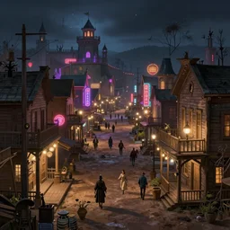 A very detailed street-level view of a magical wild-west town at night with wooden buildings and colorful neon lights; beautiful dangerous detailed digital rational painting art by Greg Rutkowski, magic fantasy highly detailed, digital concept art, sharp focus, realistic concept art by Stephen Hickman and James Gurney and Hiromasa Ogura Ghost in the Shell rendered in Octane Render, From a distance