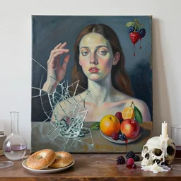 “ sensual, a portrait in a female art student ’ s apartment, broken glass, bagels, brain, fresh fruit, hand reaching out from a painting, berries, pig, skull, scientific glassware, art materials, candle dripping white wax, berry juice drips, neo - expressionism, surrealism, acrylic and spray paint and oilstick on canvas ”
