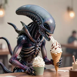 a picture of a xenomorph eating ice cream, 4 k, artstation, science fiction, in the style of bill watterson