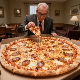 Saul Goodman eating a gigantic pizza covering an entire room