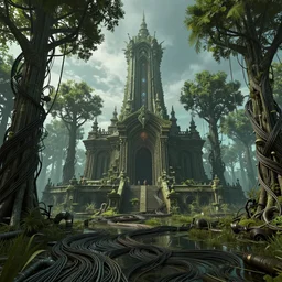 Ancient technomancer temple in a Swamp full of trees made out of thousands of wires and pipes, artstation trending unreal 8k HD