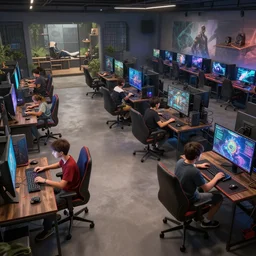 two boys playing game at a spacious gaming room, gaming setup, intricate, highly detailed, indoor, spacious, artstation, art by filip hodas and artgerm