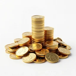 chrome pile of gold coins, stylized 3d render, isolated on a pure white background, centered, entire object in frame, sharp focus, soft studio lighting