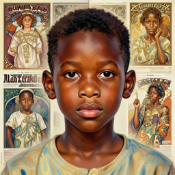 colourful upper half portrait of an african boy with proportions in the style of jack davis - presented in magazine collage, art hsiao - ron cheng & alphonse mucha, magazine collage, highly detailed, caricature, digital painting, concept art, ray tracing, illustration, smooth, sharp focus, intricate, symmetry, pinterest, behance, artstation