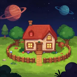 in front of a house that is part of a small colony on a strange planet, from a space themed Serria point and click 2D graphic adventure game, high quality graphics